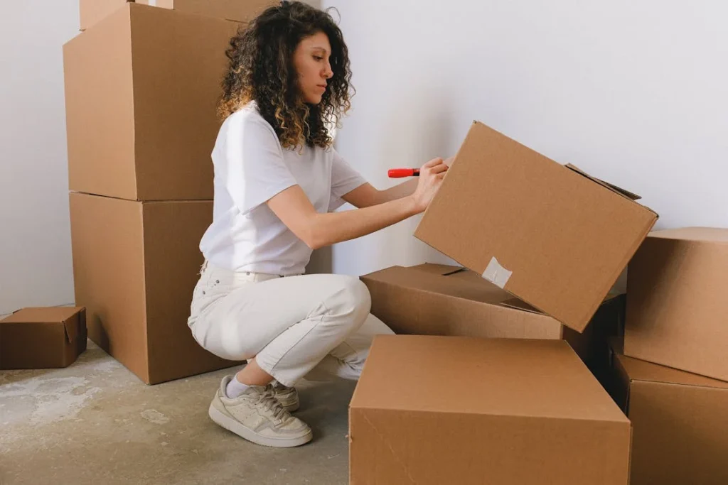 Woman Writing Label on Box while Sitting Down